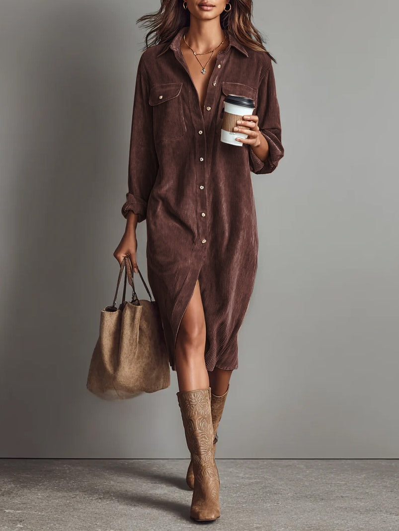 Jesie-London Ava women's button-front long sleeve corduroy midi shirt dress, shown in a stylish, casual design.