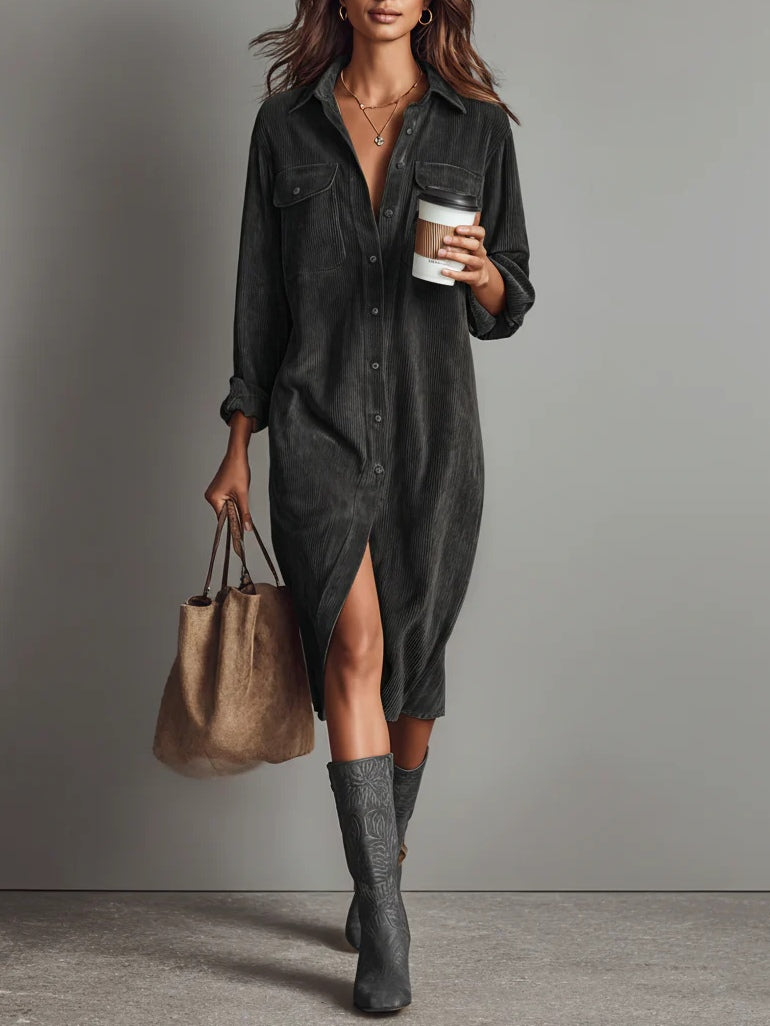 Jesie-London Ava women's button front long sleeve corduroy midi dress, casual chic with a fitted waist and classic collar.