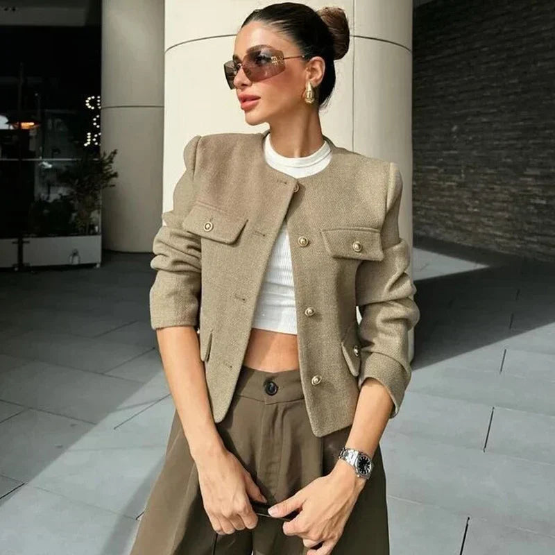 Jesie-London Hannah women's cropped bomber jacket with button front, stylish and casual outerwear on a white background.