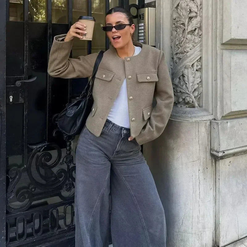 Jesie-London Hannah women's cropped bomber jacket with button front, stylish and lightweight for casual wear.