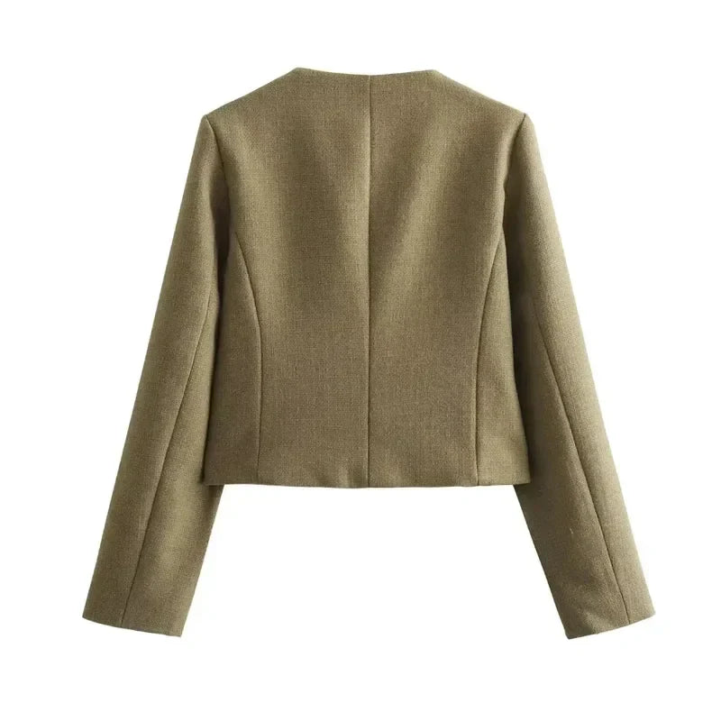 Jesie-London Hannah women's cropped bomber jacket with button front, styled with a casual, modern look.