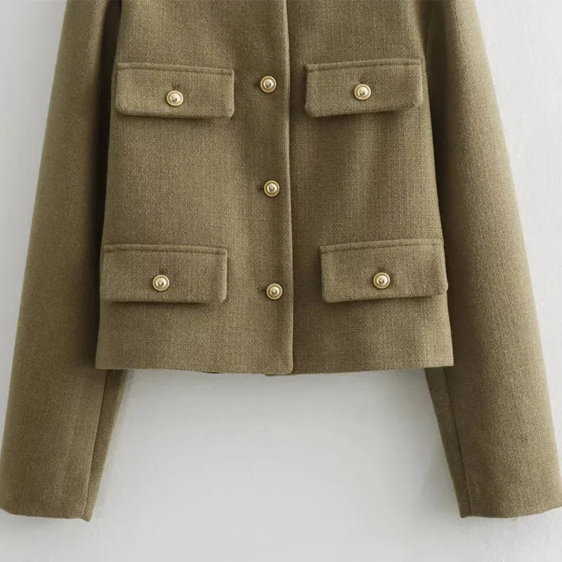 Jesie-London Hannah women's cropped bomber jacket with button front, stylish and lightweight for casual wear.