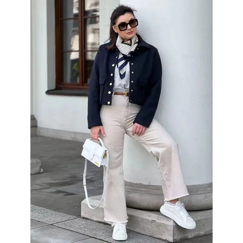 Women's cropped Jesie-London bomber jacket with button front, stylish and versatile for casual wear.