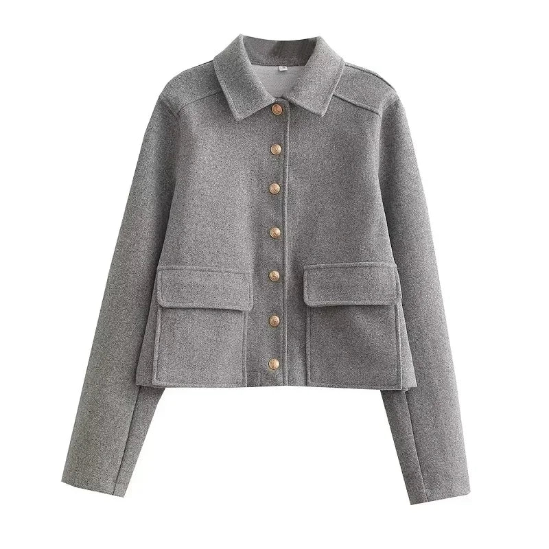 Women's cropped button-front bomber jacket by Jesie-London, featuring a stylish design with a front closure and classic bomber style.