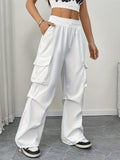 Women's wide-leg cargo pocket drawstring pants by Jesie-London, featuring a relaxed parachute style and adjustable waist.