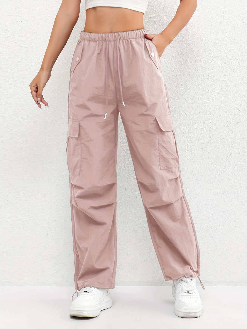 Rachel women's cargo pocket drawstring casual pants in parachute style, featuring a comfortable waist and relaxed fit.