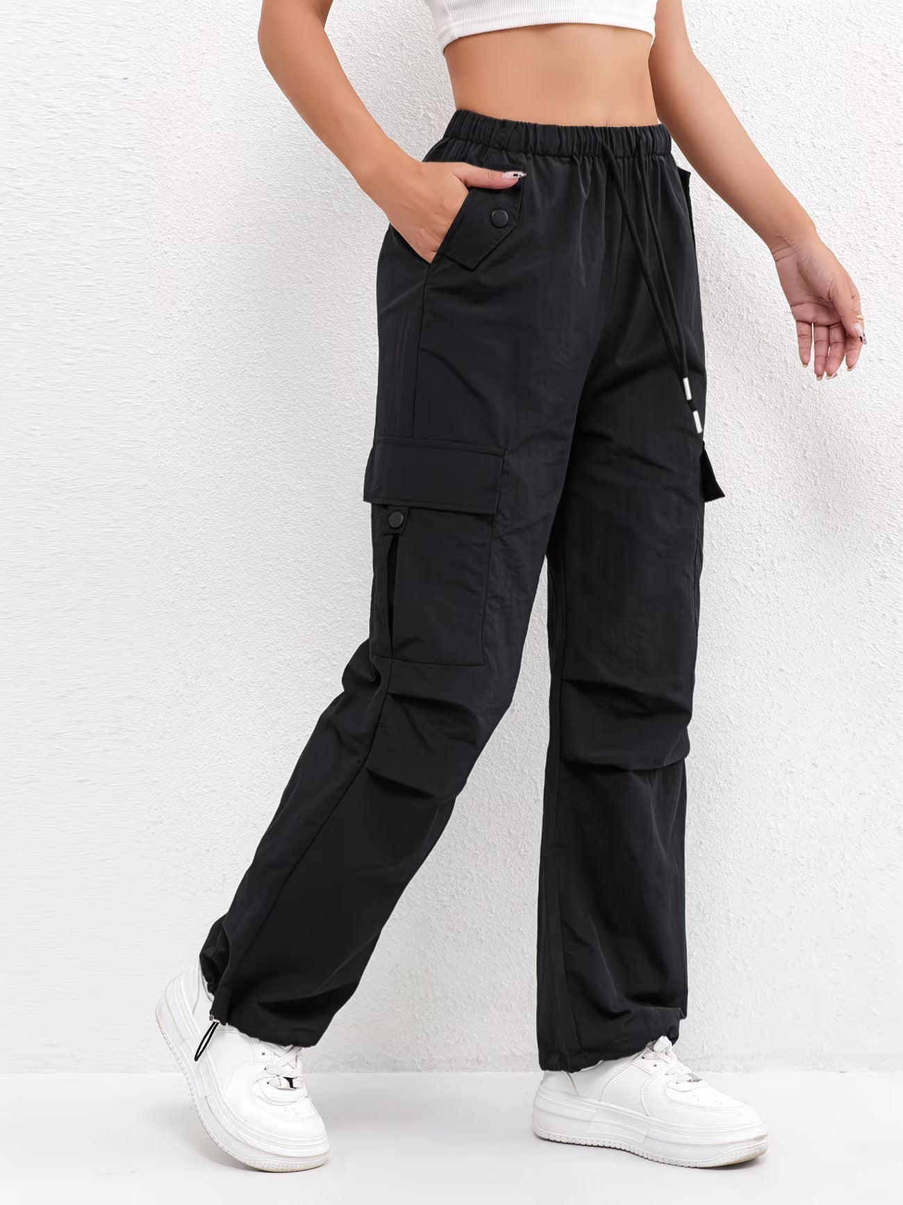 Rachel women's cargo pants with drawstring waist and casual parachute-style pockets by Jesie-London, shown in a relaxed fit.