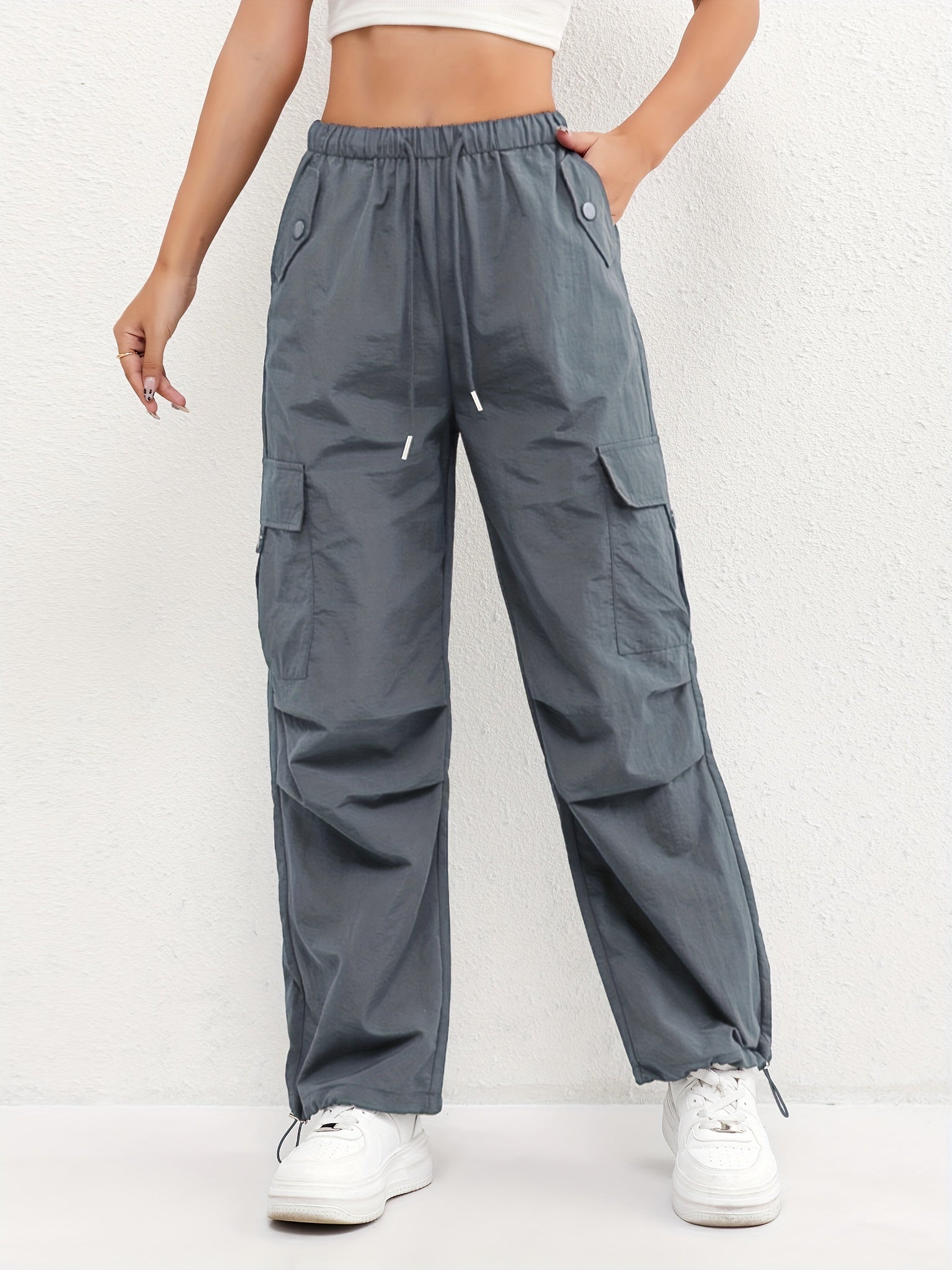 Rachel women's cargo pocket casual pants with drawstring waist and parachute style, made by Jesie-London.