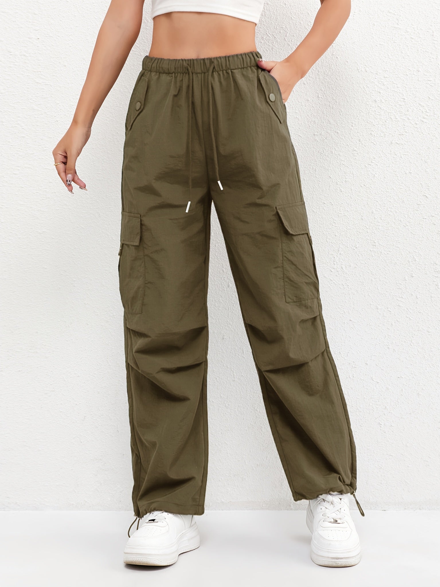 Rachel women's cargo pocket drawstring casual pants by Jesie-London, featuring a relaxed fit and parachute-style design.