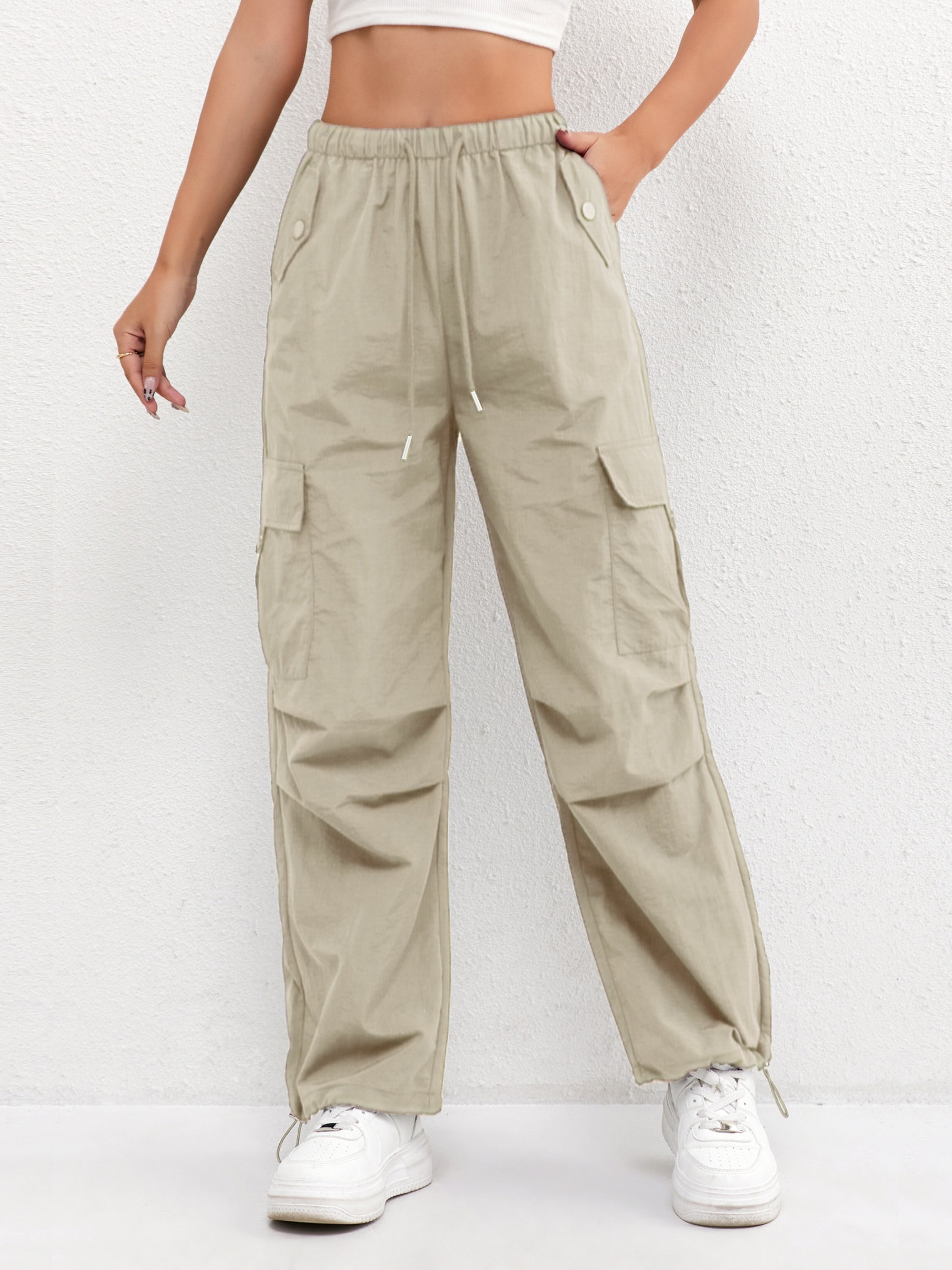Rachel women's cargo pocket drawstring casual pants by Jesie-London, featuring a relaxed fit and parachute-style design.