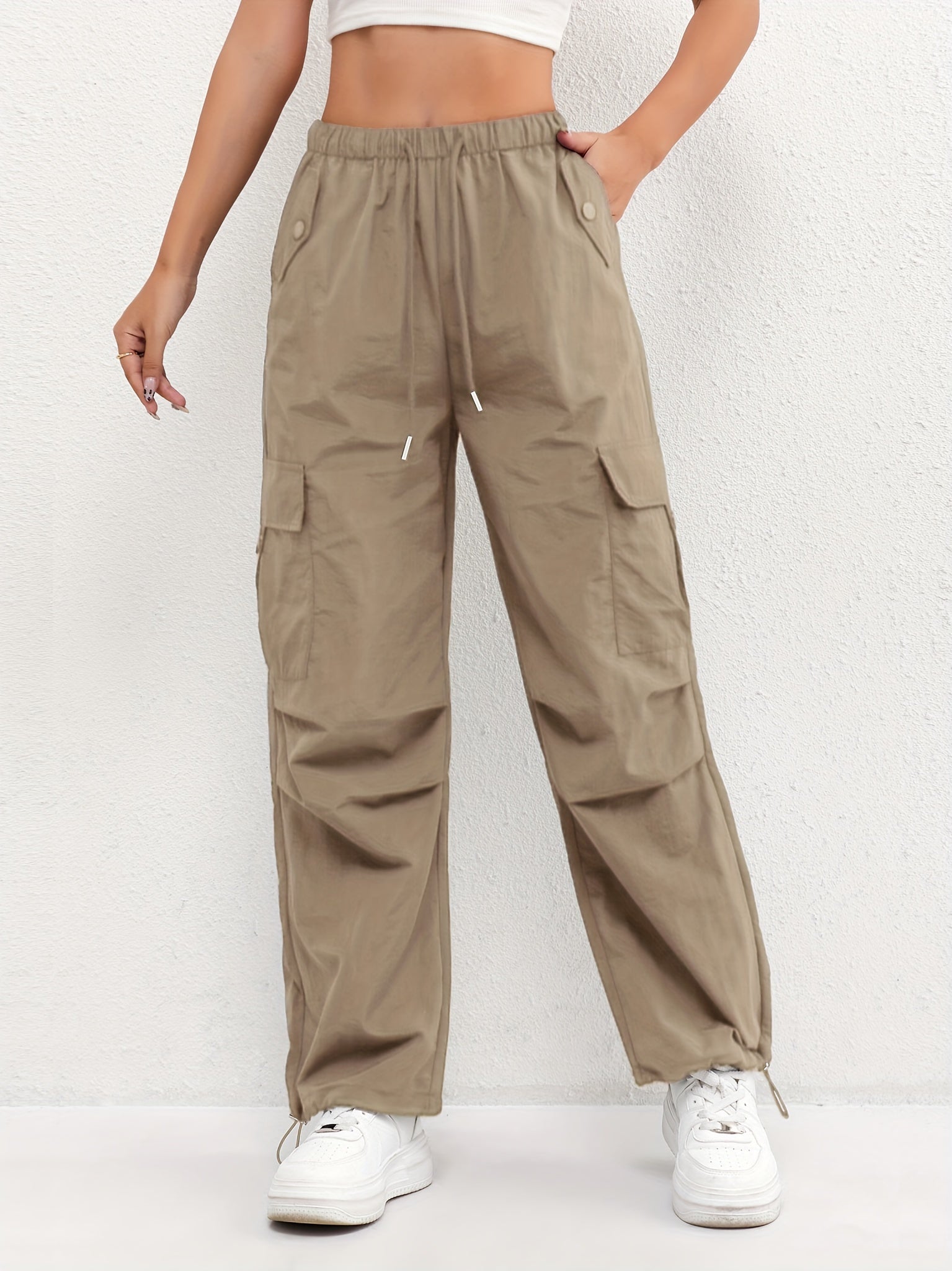 Rachel women's cargo pocket casual pants with drawstring waist, parachute-style, by Jesie-London, shown in a relaxed fit.