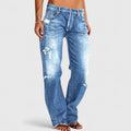 Ava women's distressed low-rise straight leg denim jeans by Jesie-London, loose-fit mid-rise style, shown on a model.
