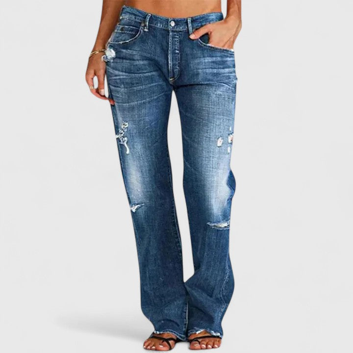 Ava women's distressed low-rise straight leg denim jeans by Jesie-London, featuring a relaxed fit and mid-rise waist.