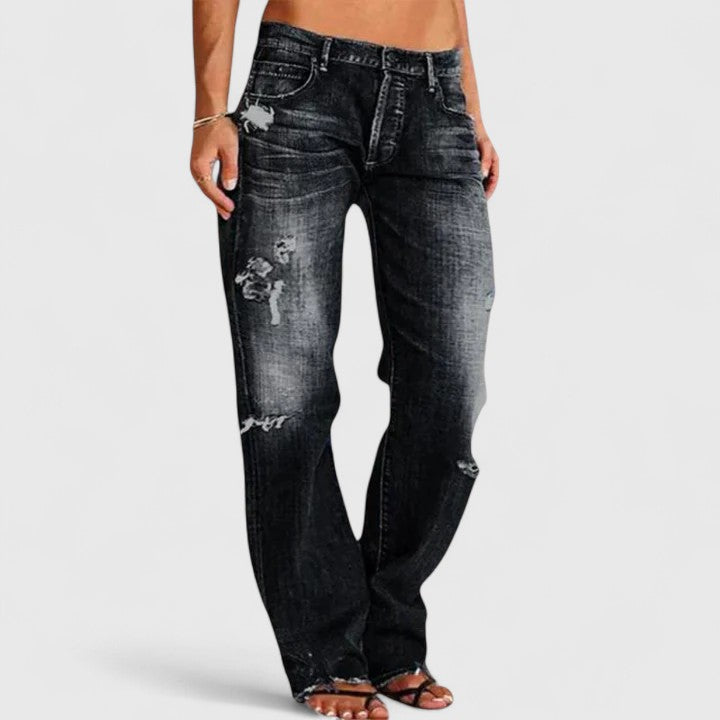 Jesie-London Ava women's distressed low-rise straight leg denim jeans, loose fit, mid-rise, casual style.