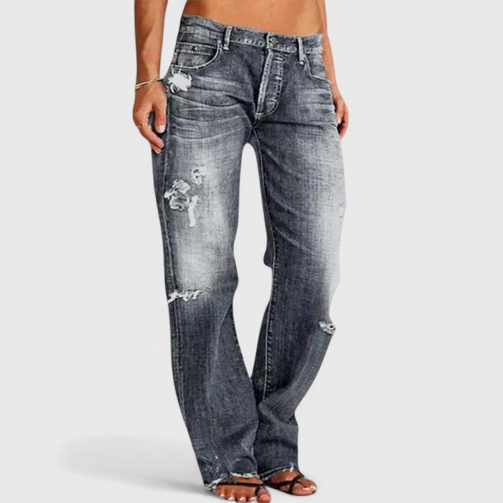 Jesie-London Ava women's distressed low-rise straight leg denim jeans, loose fit with mid-rise waist, shown in the image.