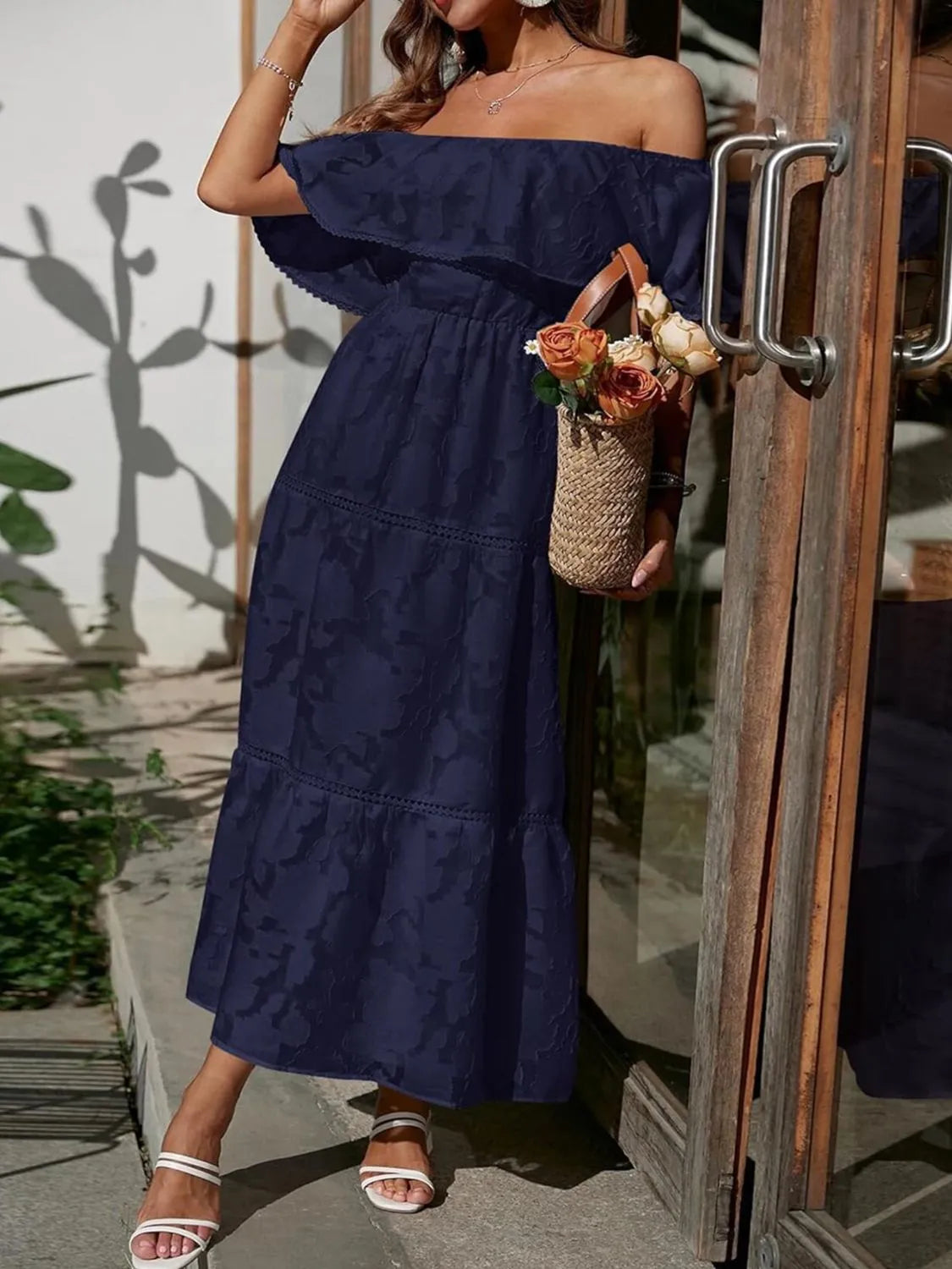 Women's off-shoulder tiered ruffled maxi wedding guest dress by Jesie-London, perfect for summer occasions.
