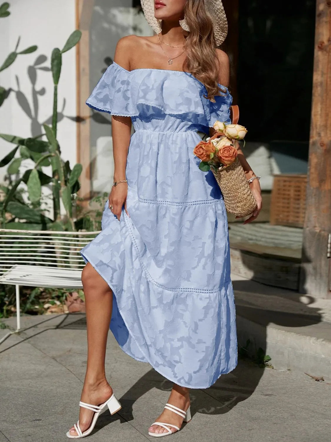 Women's off-shoulder tiered ruffled maxi dress by Jesie-London, perfect for summer wedding guests, elegant and flowy silhouette