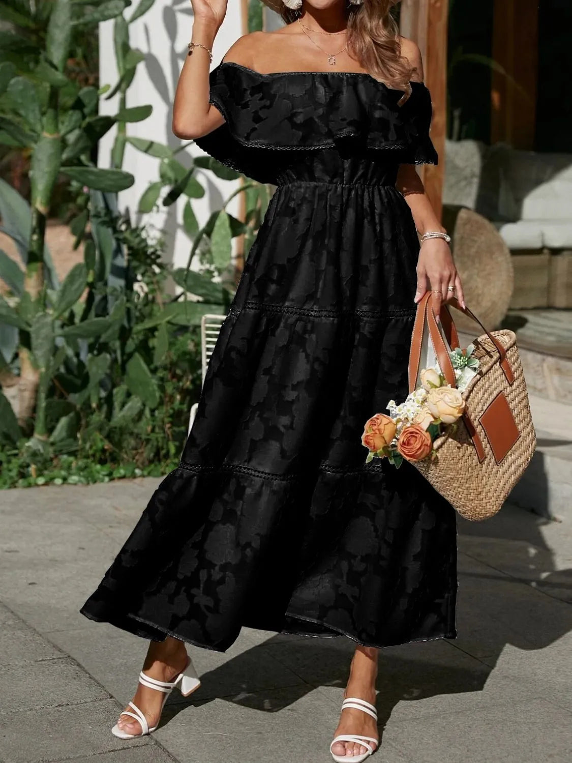 Jesie-London Catherine women's off-shoulder tiered maxi wedding guest dress with ruffled layers and summer style.