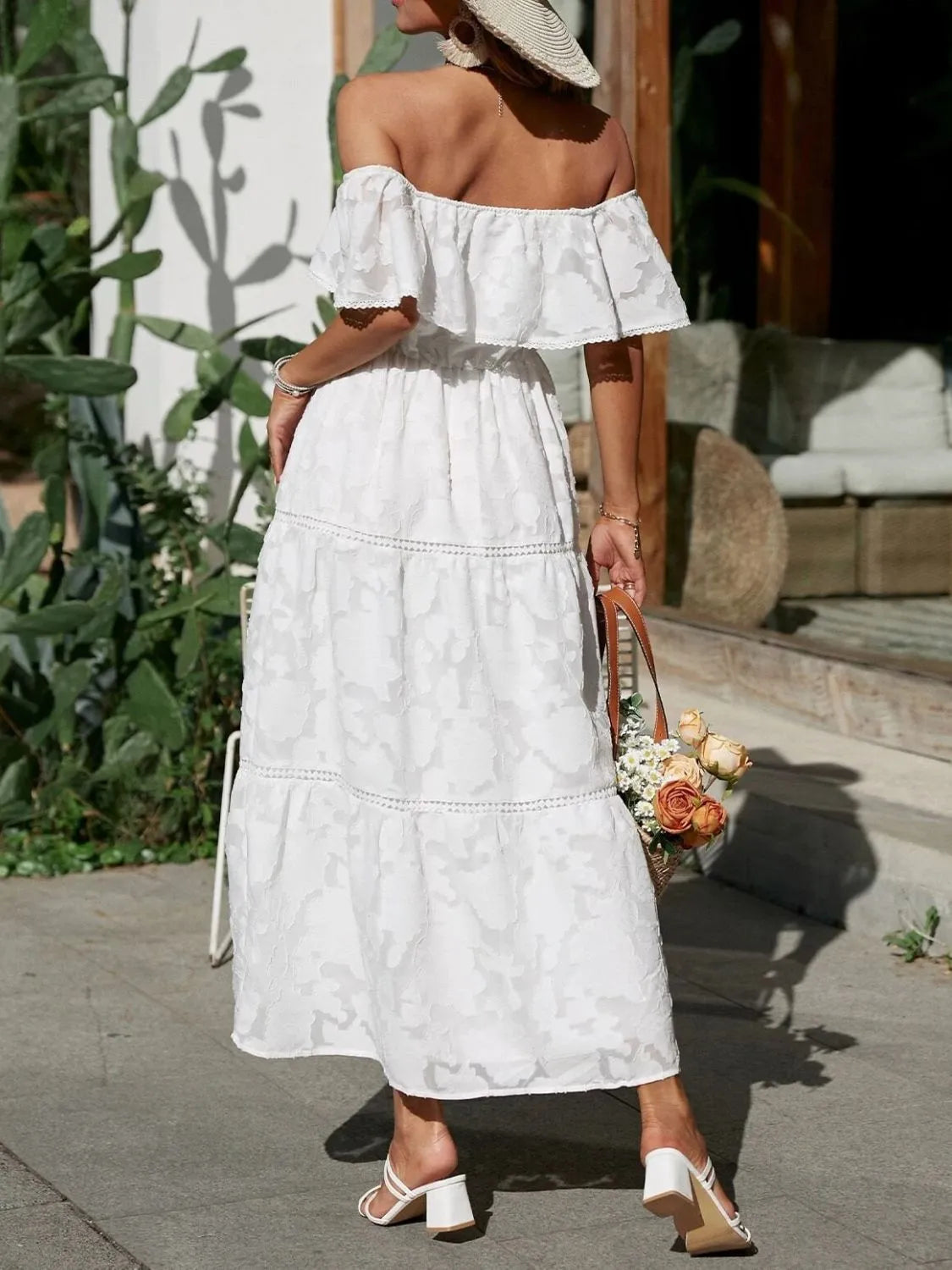 Jesie-London Catherine women's off-shoulder tiered maxi dress with ruffled layers, perfect for summer wedding guest attire.