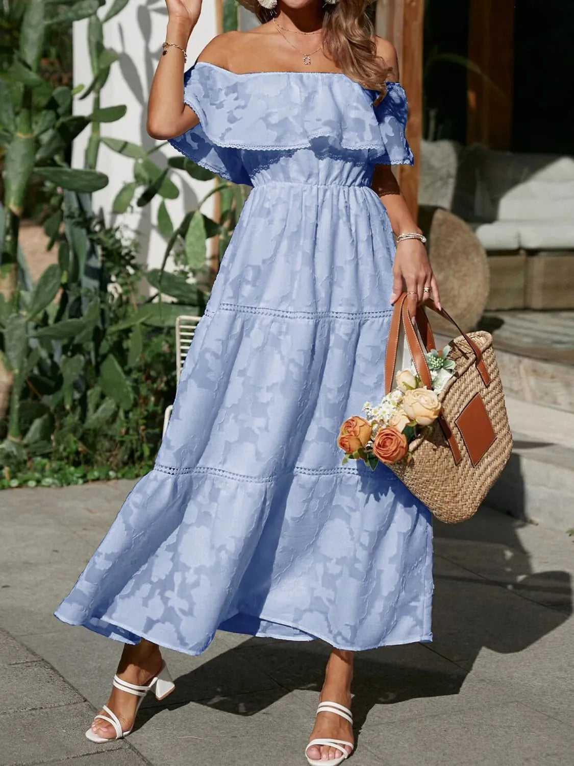 Women’s off-shoulder tiered ruffled maxi dress by Jesie-London, perfect for summer wedding guests.