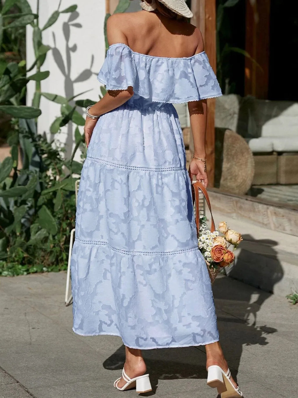 Jesie-London Catherine women's off-shoulder tiered ruffled maxi dress, perfect for summer wedding guest attire.