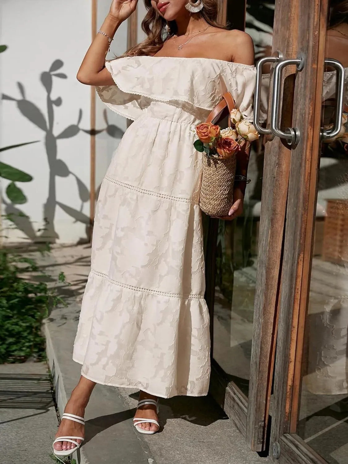Jesie-London Catherine women's off-shoulder tiered ruffled maxi dress for summer, perfect for wedding guests.