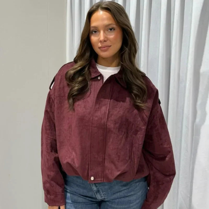Women's Madeline Cropped Zip-Up Bomber Jacket by Jesie-London, featuring a zip front and oversized style in a casual, trendy design.