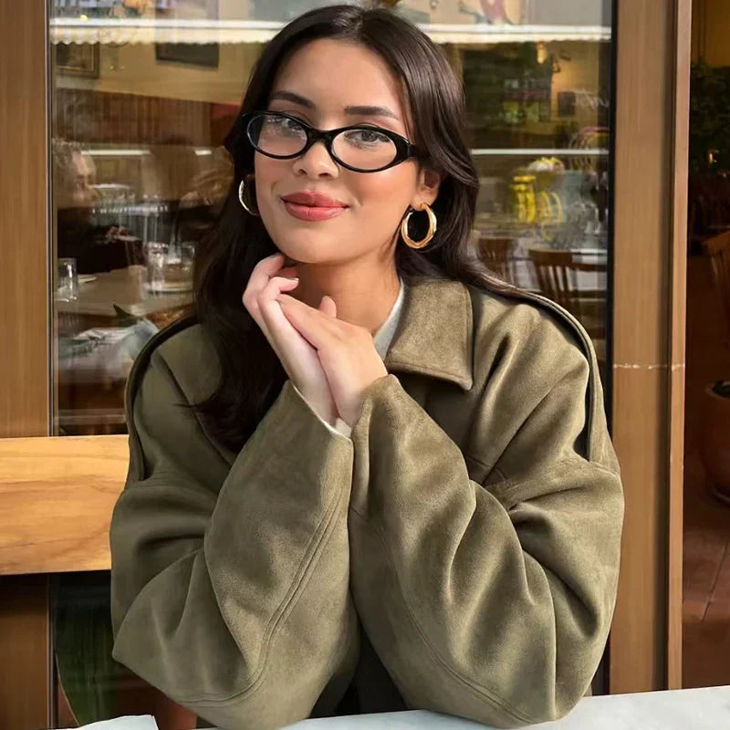 Women's Madeline cropped zip-up bomber jacket by Jesie-London, shown in a trendy oversized style with front zipper and ribbed cuffs.