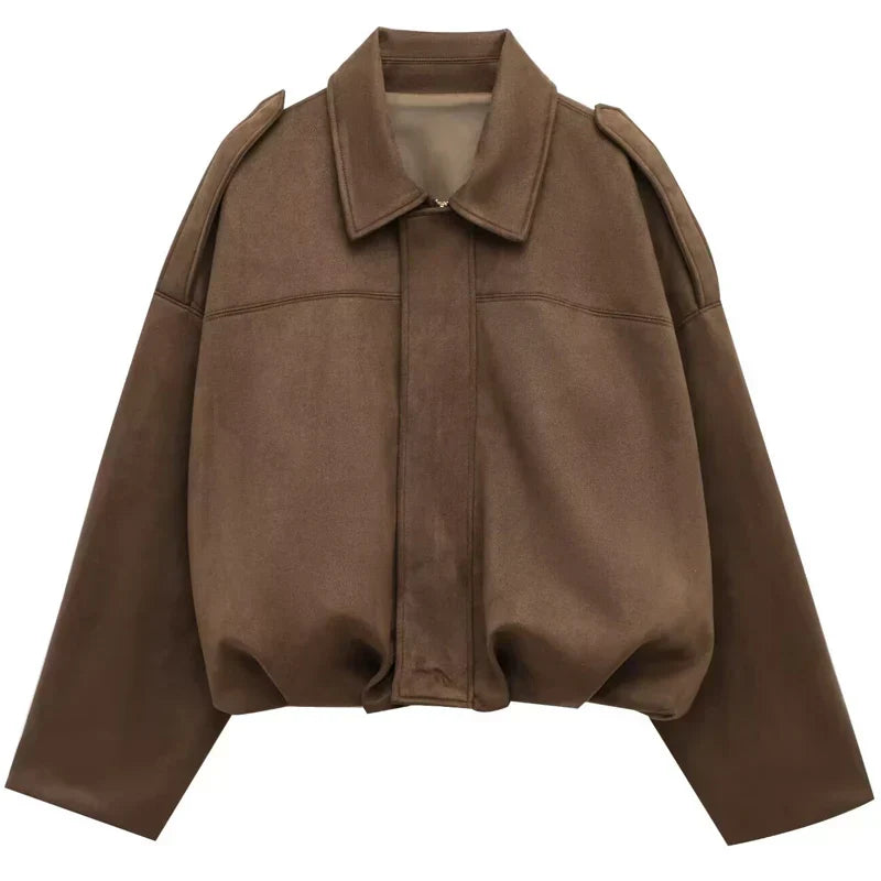 Women's cropped zip-up bomber jacket by Jesie-London, oversized style with front zipper and trendy design.