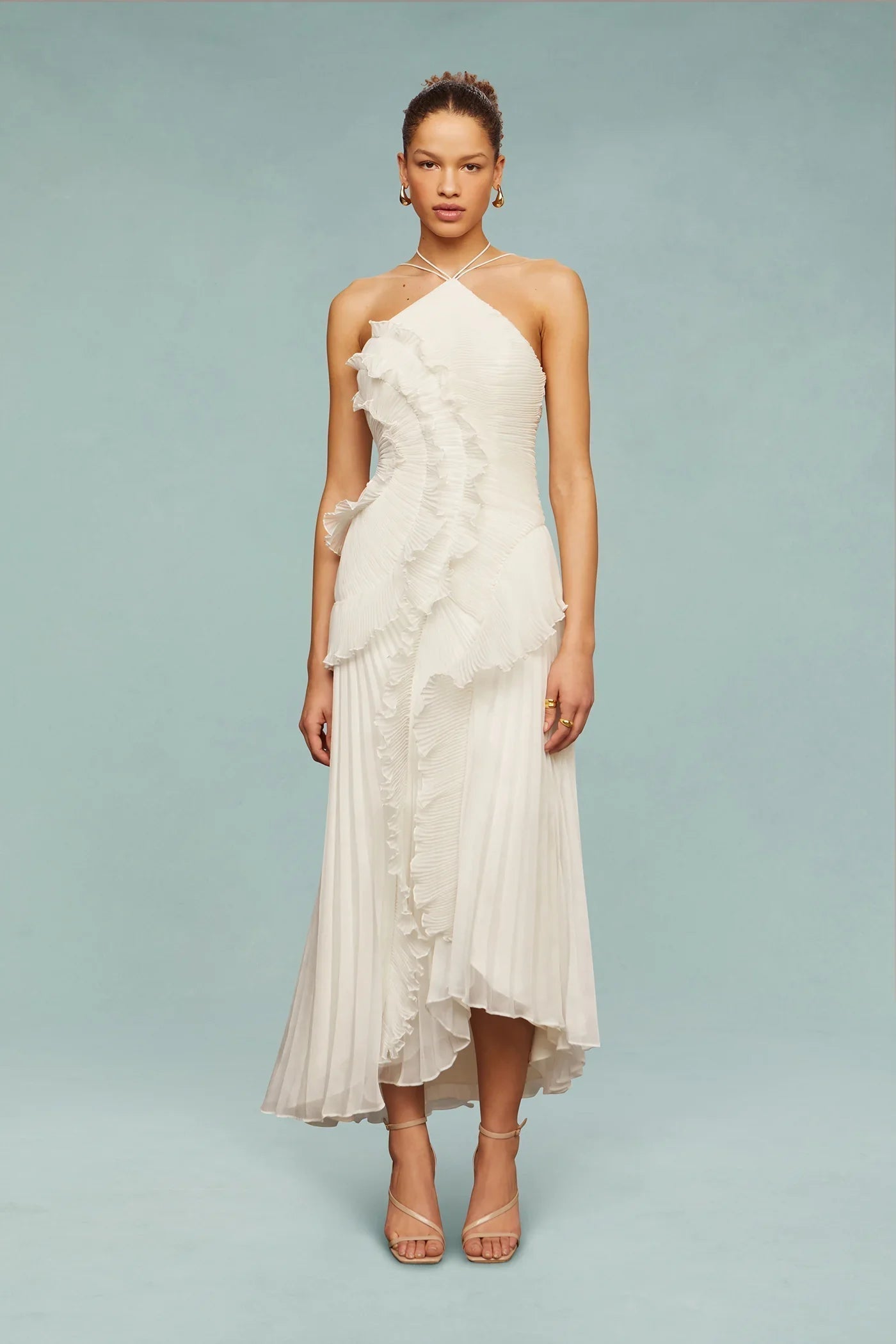 Jesie-London Isabella women's one-shoulder ruffle maxi wedding guest dress shown in elegant black fabric.