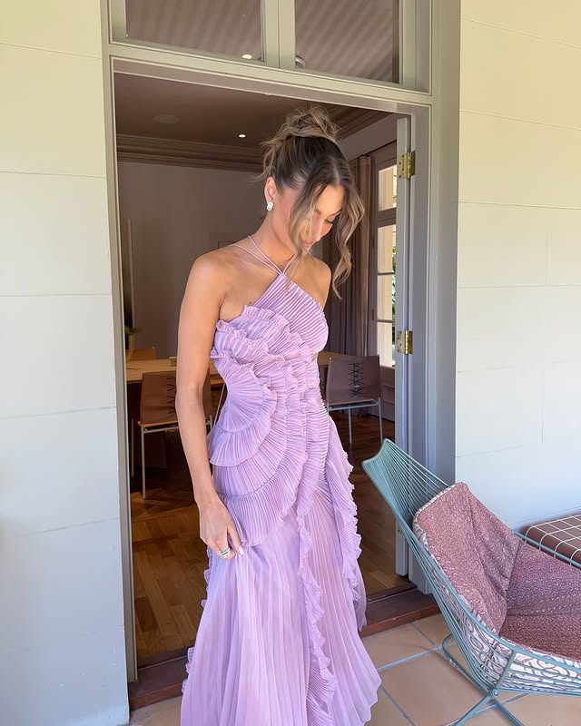 Jesie-London Isabella women's one-shoulder ruffle maxi wedding guest dress, elegant formal evening gown for special occasions