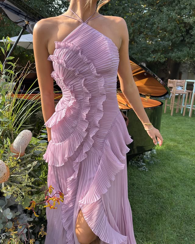Jesie-London Isabella women's one-shoulder ruffle maxi wedding guest dress, elegant halter style, perfect for formal occasions