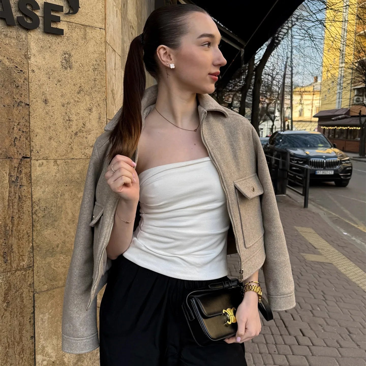 Jesie-London Georgia women's cropped zip-up bomber jacket, short front style with a modern, stylish look and zip closure.