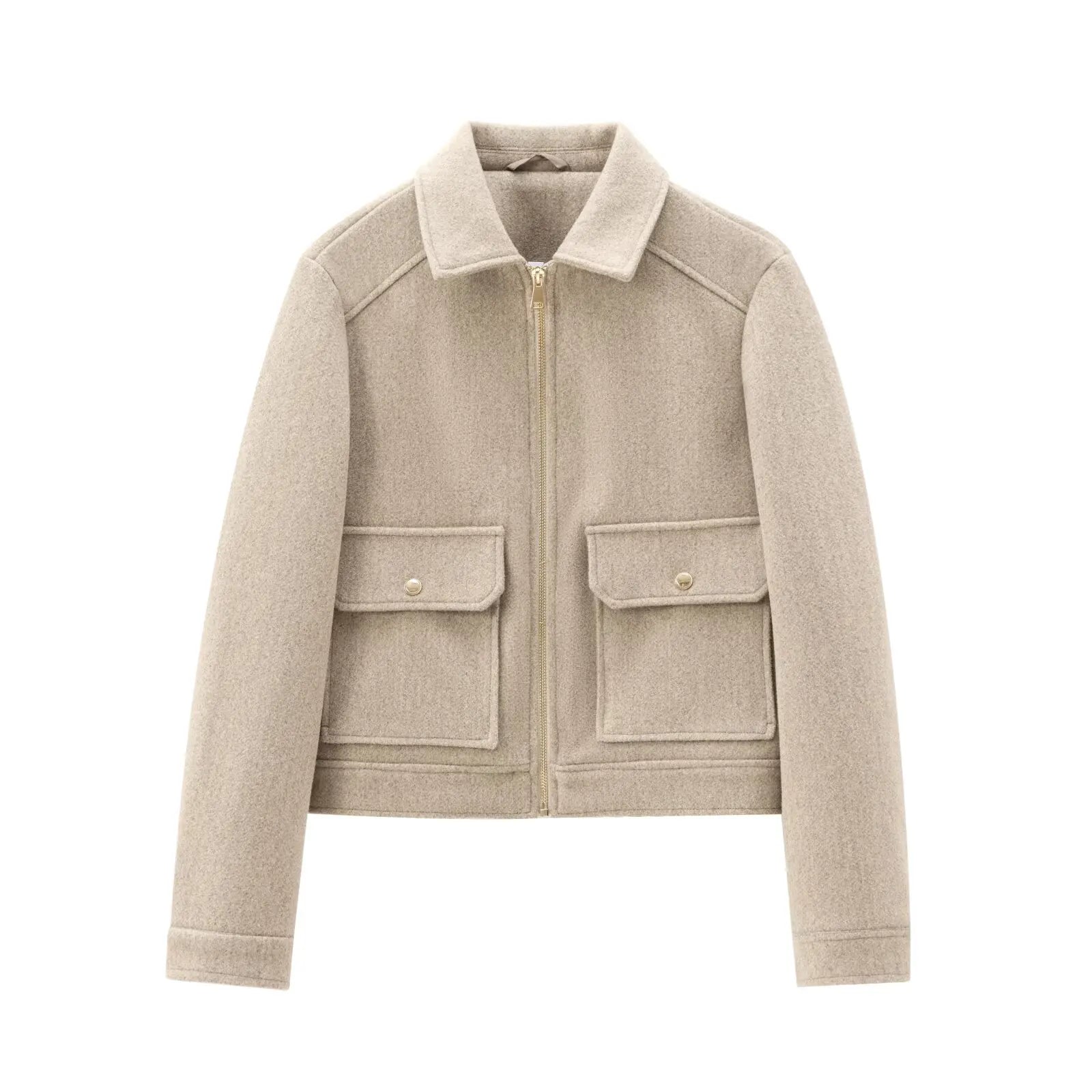 Jesie-London Georgia women's cropped zip-up bomber jacket hanging on a display with a front view and stylish design.