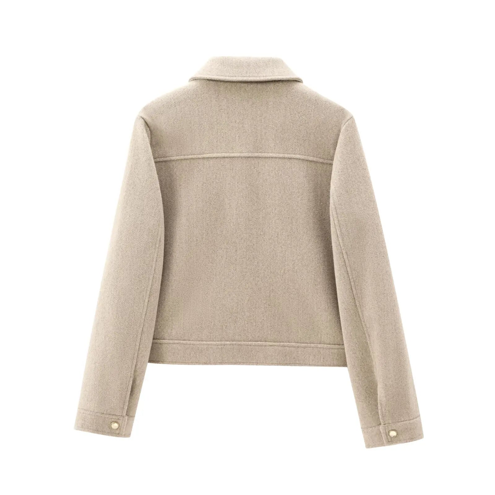 Jesie-London Georgia women's cropped zip-up bomber jacket displayed on a model, showcasing its stylish short front and fitted design.