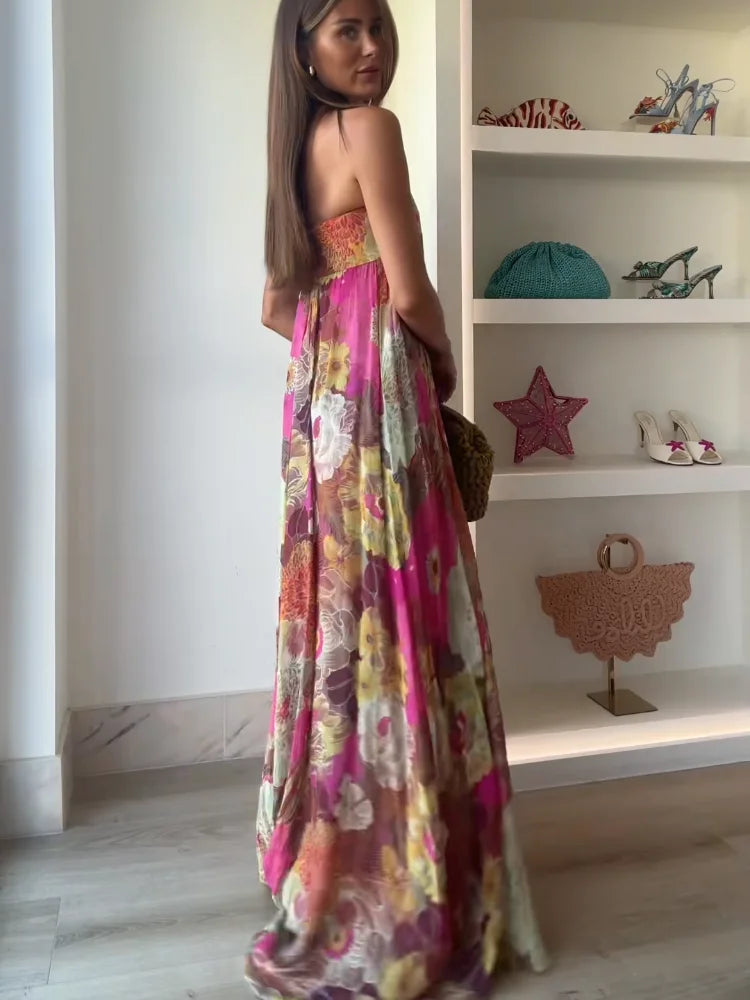 Jesie-London women's strapless floral maxi wedding guest dress with flowing fabric and elegant design, perfect for special occasions.