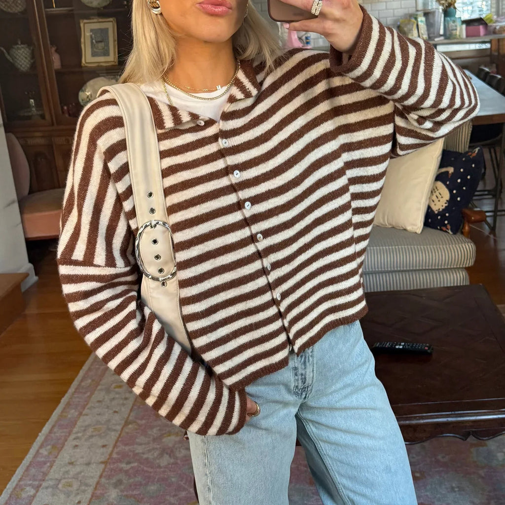 Women's striped button-front cardigan sweater by Jesie-London, featuring a stylish design and classic fit.