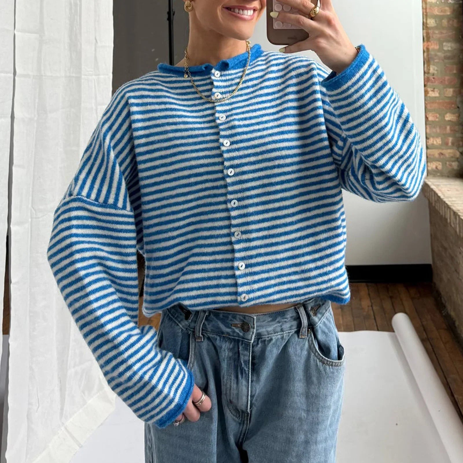 Julia women's striped button-front cardigan sweater by Jesie-London, featuring a classic design and knit fabric in various colors.