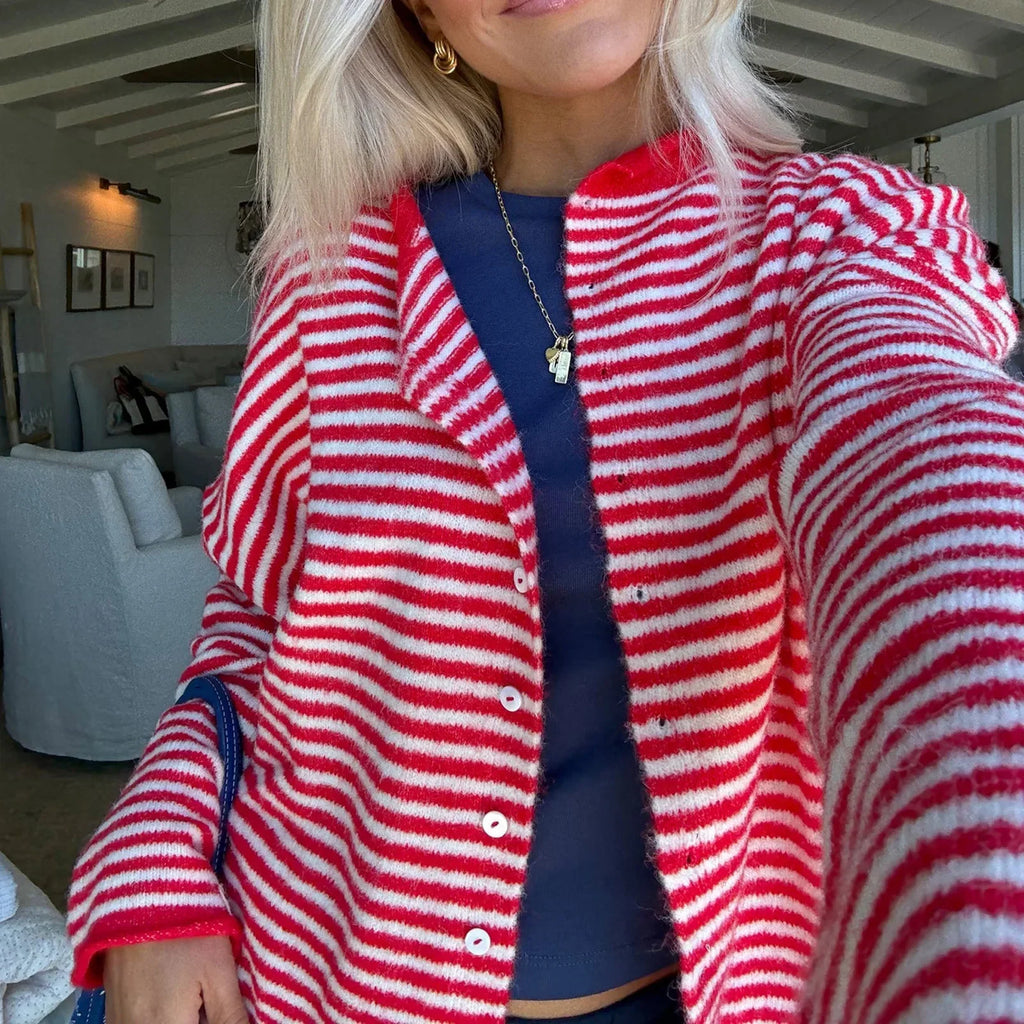 Jesie-London Julia women's striped button front cardigan sweater, featuring a classic knit design and front button closure.