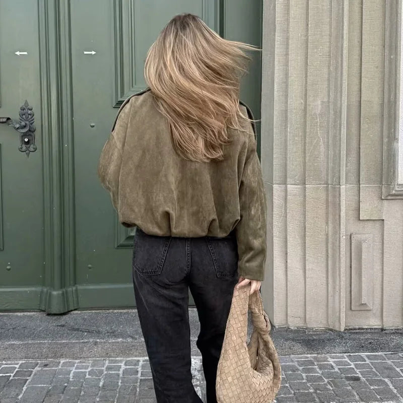 Jesie-London Grace women's oversized cropped bomber jacket with zip front, stylish and trendy for casual wear.