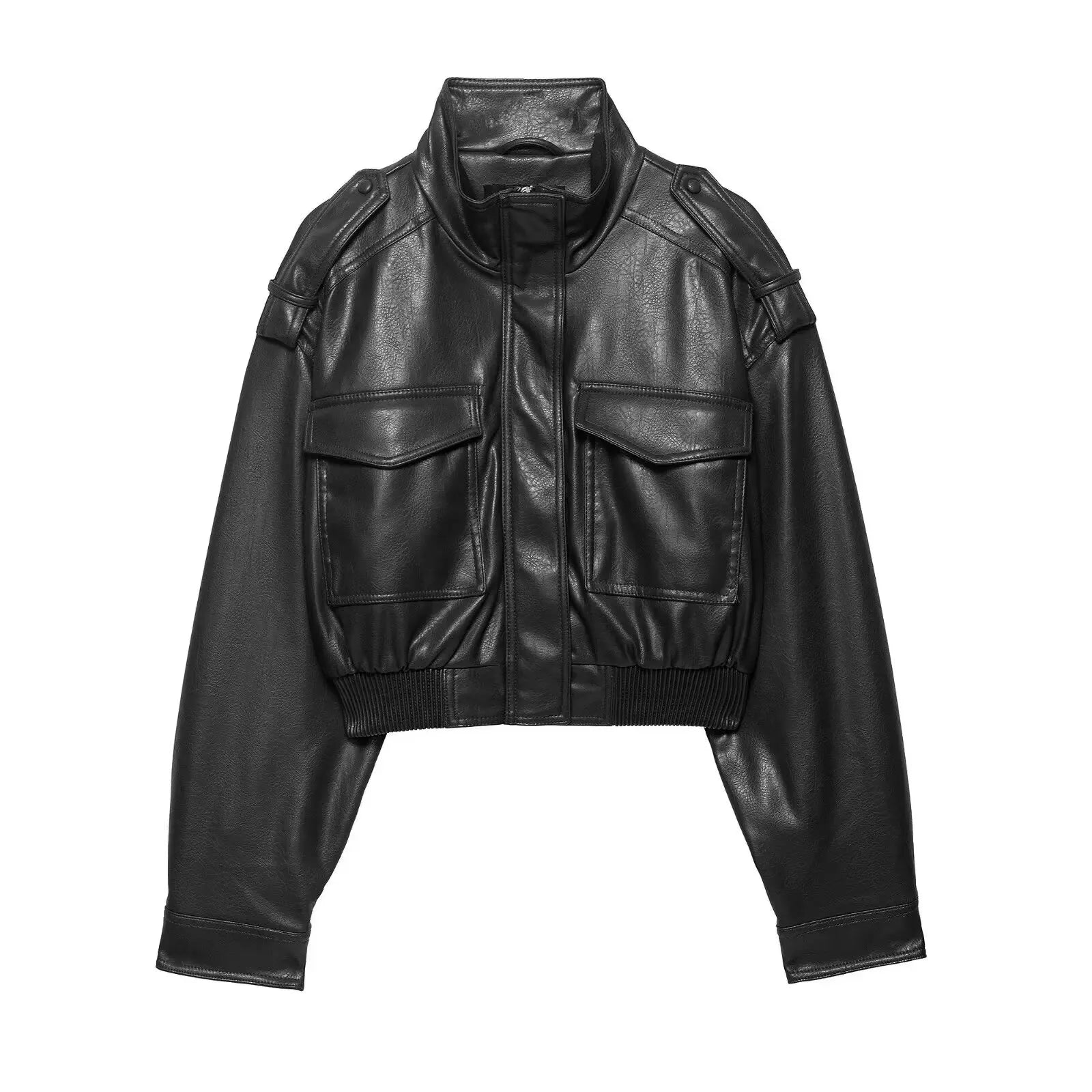 Women's zip-up biker style jacket with front pockets, in leather-look material, by Jesie-London, cropped fit and stylish design.