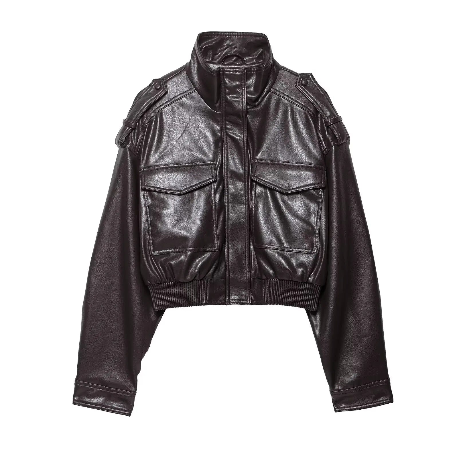 Women's zip-up biker jacket with front pockets in a leather-look material, styled by Jesie-London.