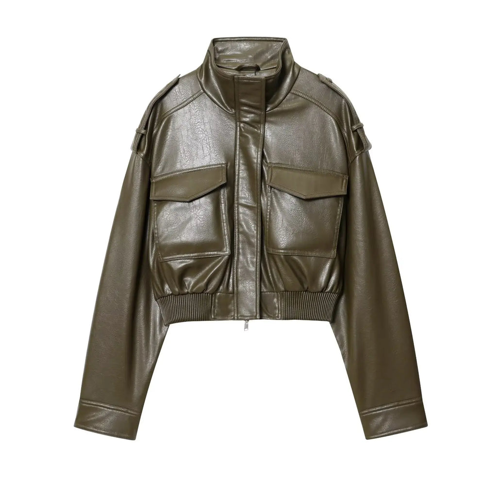 Women's zip-up biker style jacket with front pockets in a leather-look design by Jesie-London.