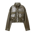 Women's zip-up biker style jacket with front pockets in a leather-look design by Jesie-London.