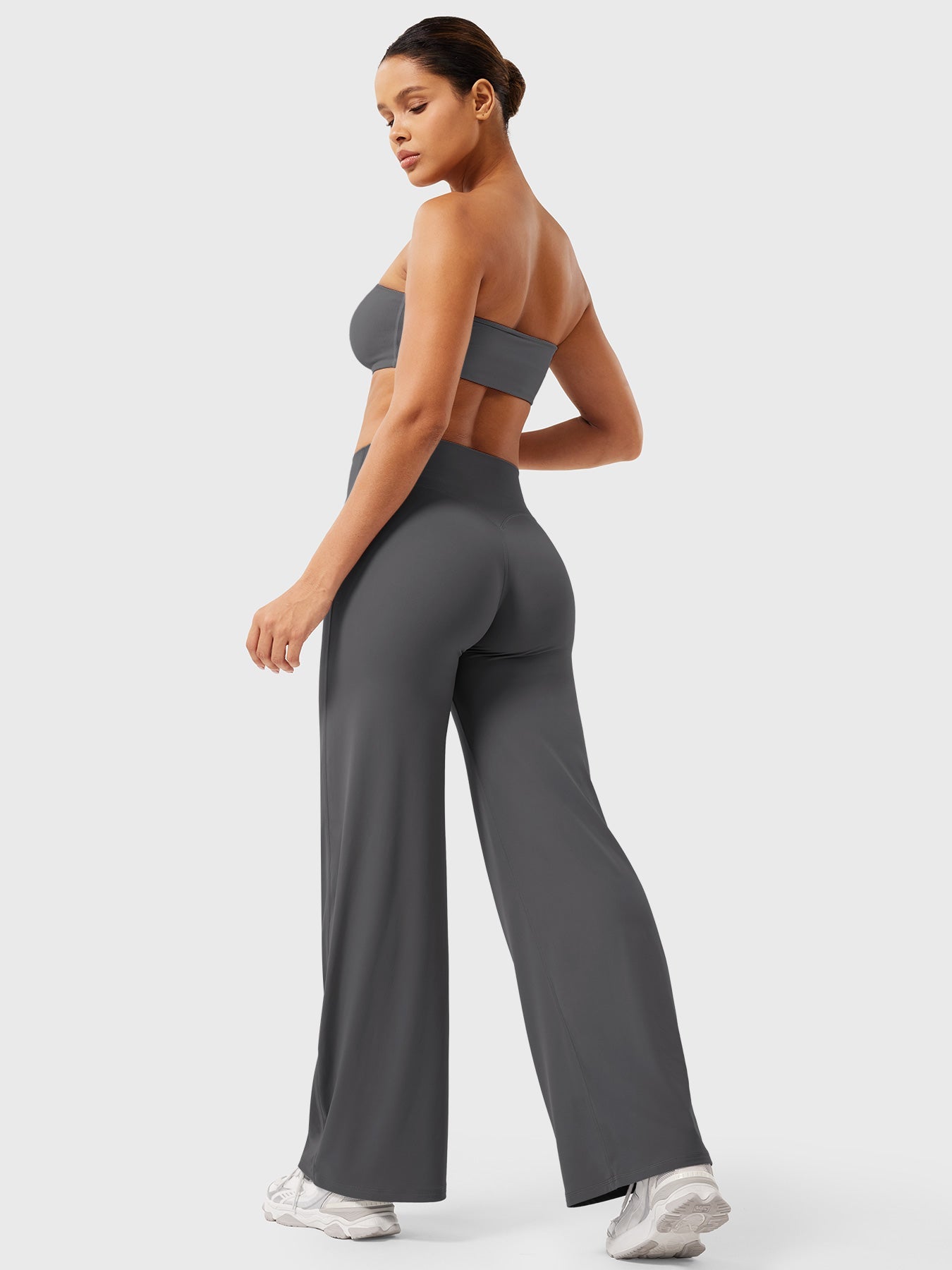 Dark grey Millie women's high waist flared pants by Jesie-London, featuring a stylish summer design and wide-leg silhouette.