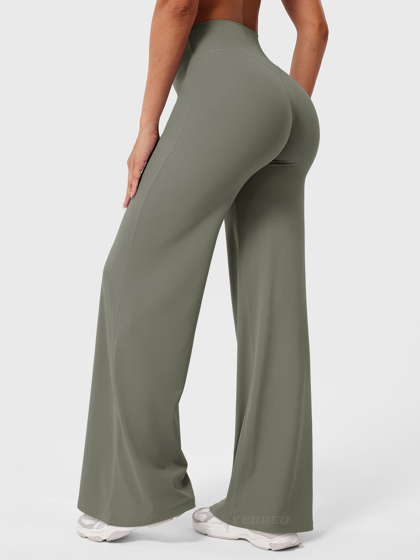 Grey-green high waist flared pants for women by Jesie-London, featuring a stylish summer design and comfortable fit.
