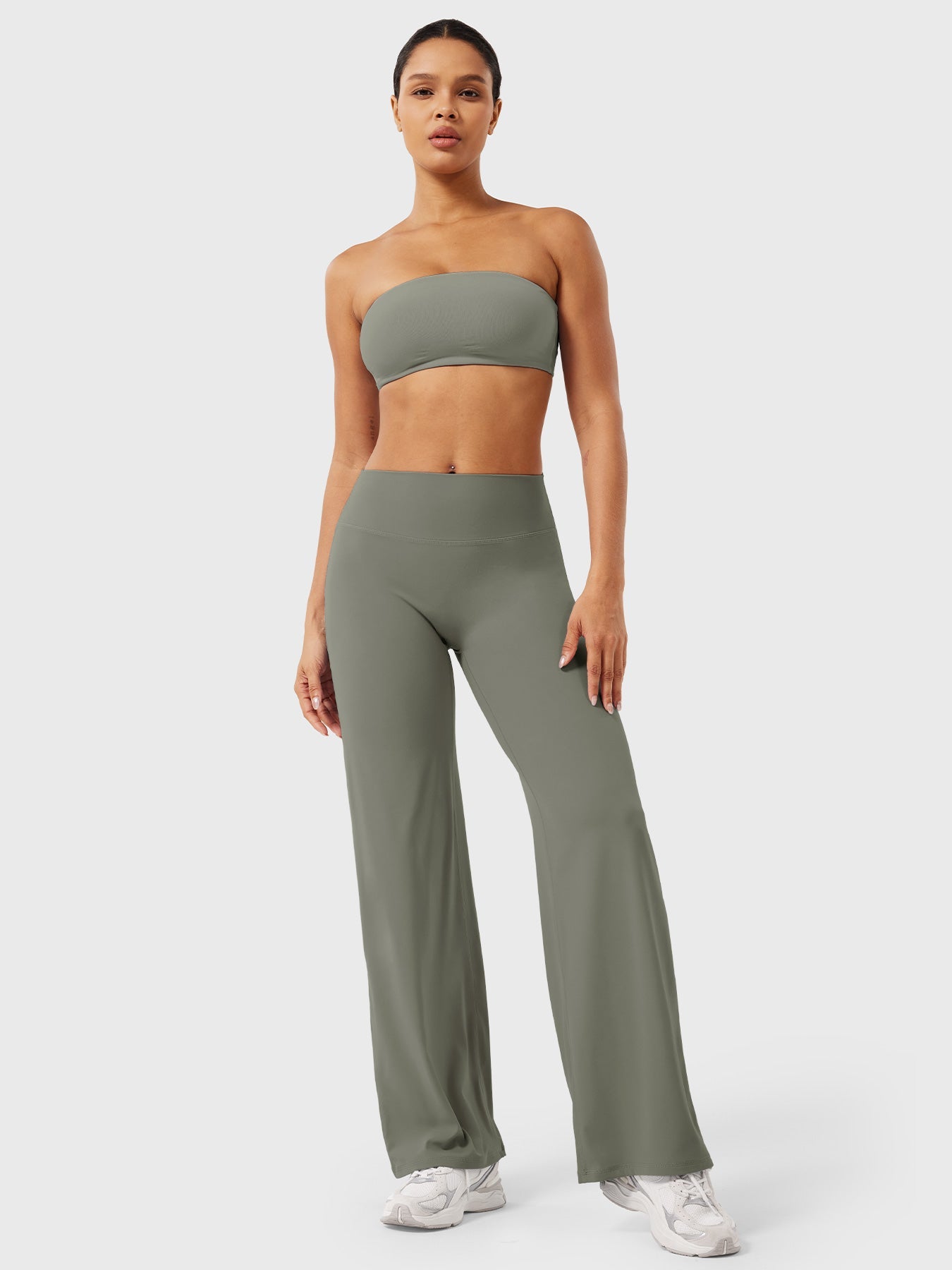 Millie women’s summer high waist flared pants by Jesie-London in grey-green fabric, shown on a model.