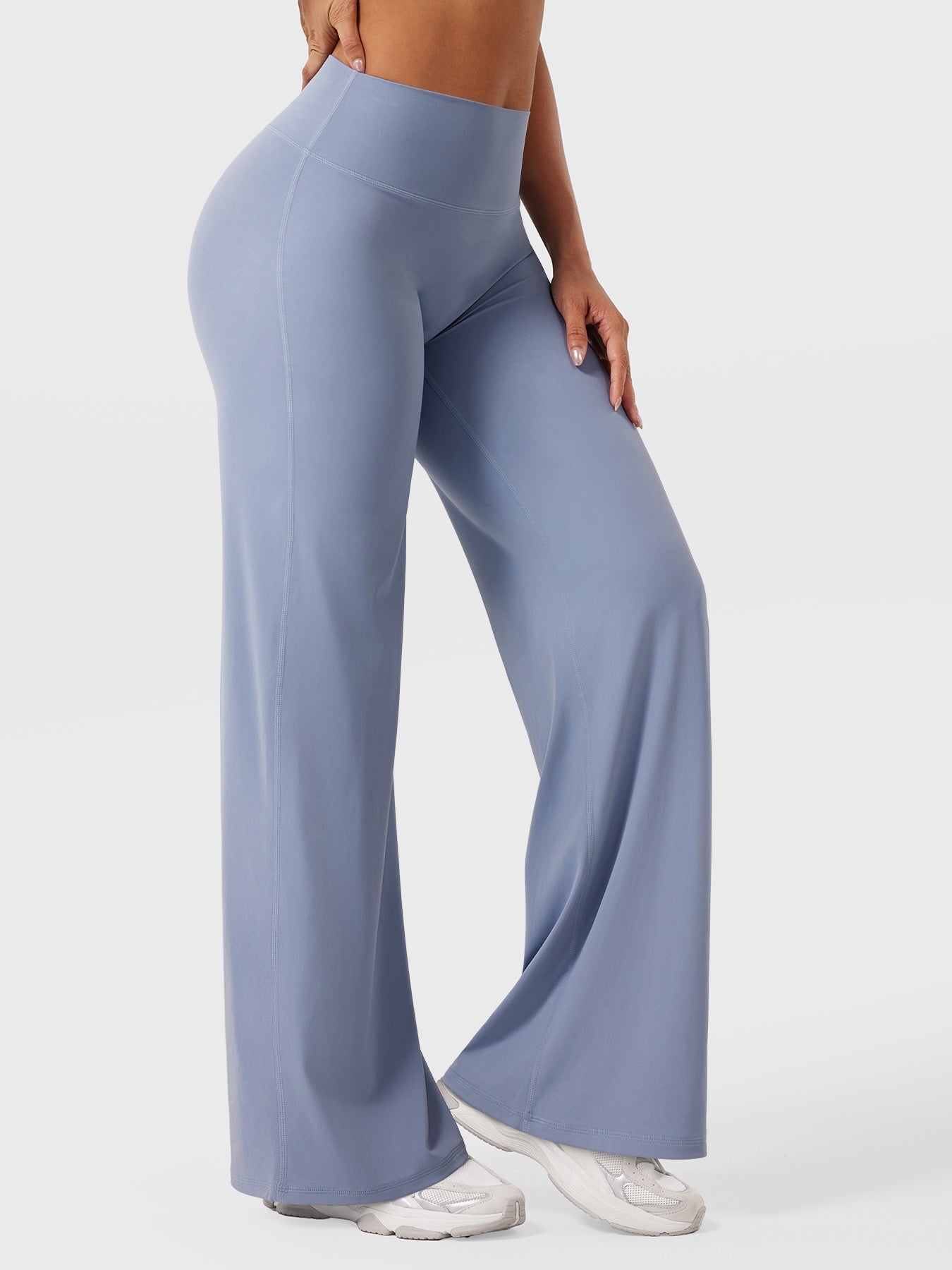 Millie women's summer high waist flared pants in haze blue by Jesie-London, shown in a stylish full-length view.