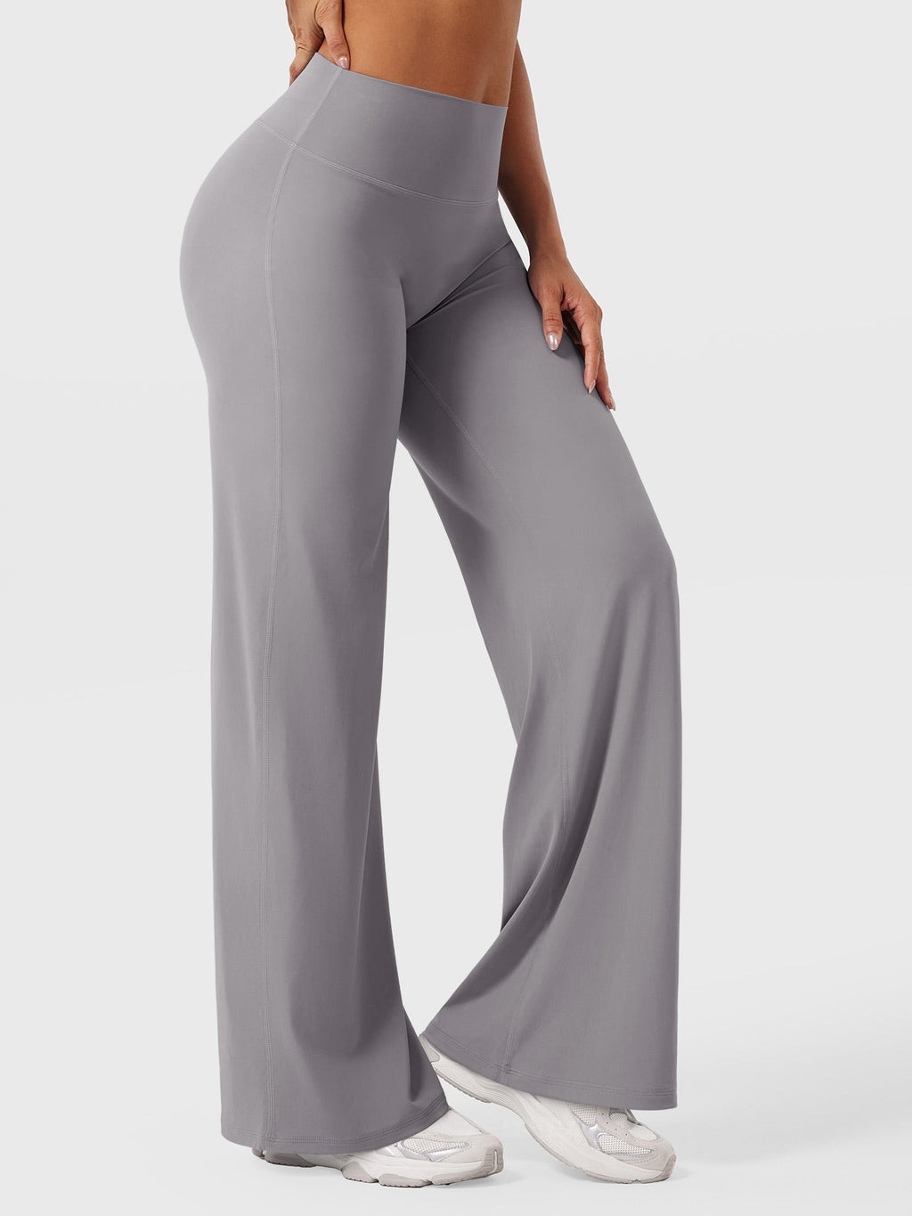 Light grey women's high waist flared summer pants by Jesie-London, featuring a stylish fit and comfortable fabric.