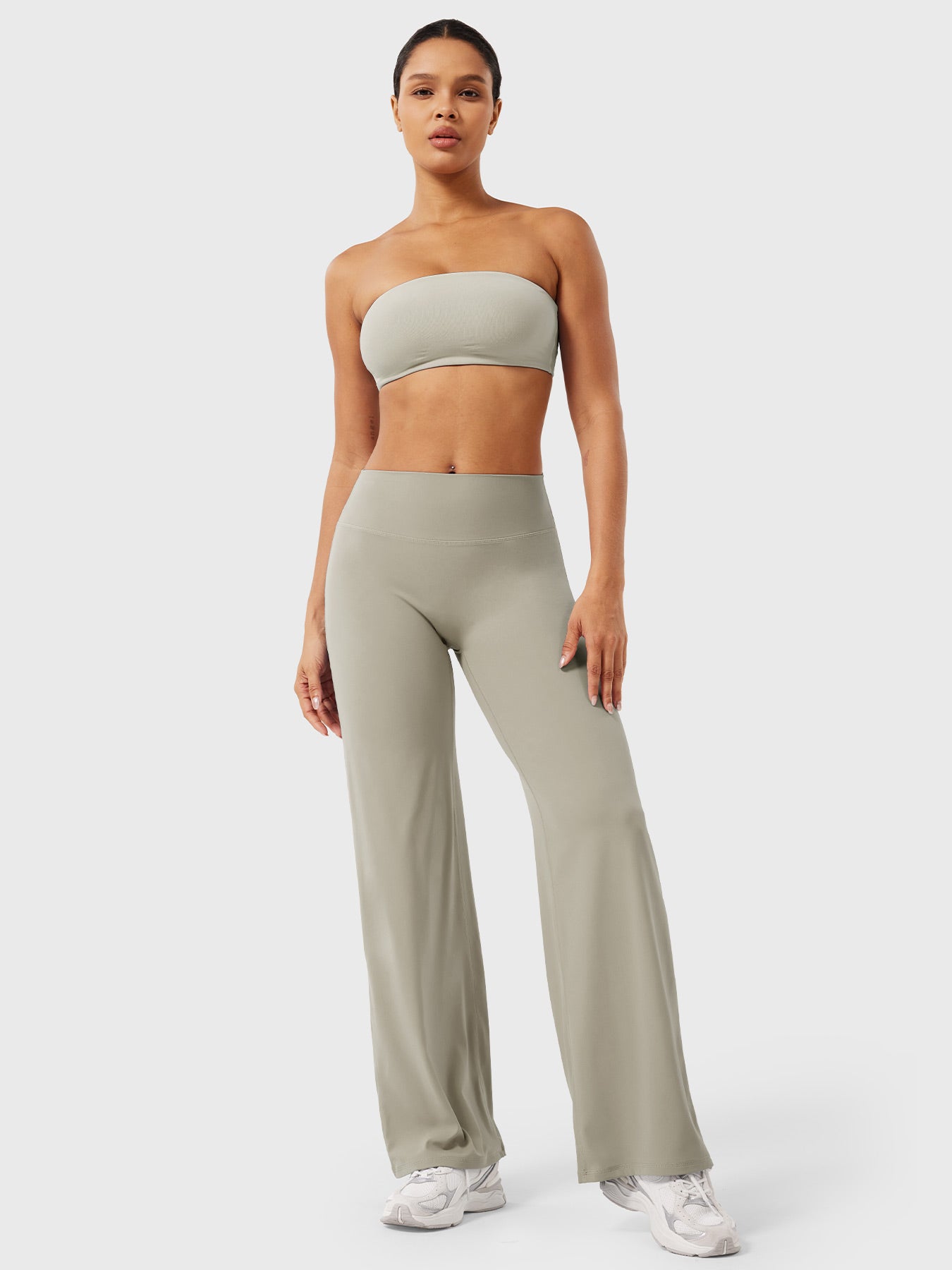 Millie women’s summer high waist flared pants in light sand, stylish and comfortable Jesie-London women's fashion.